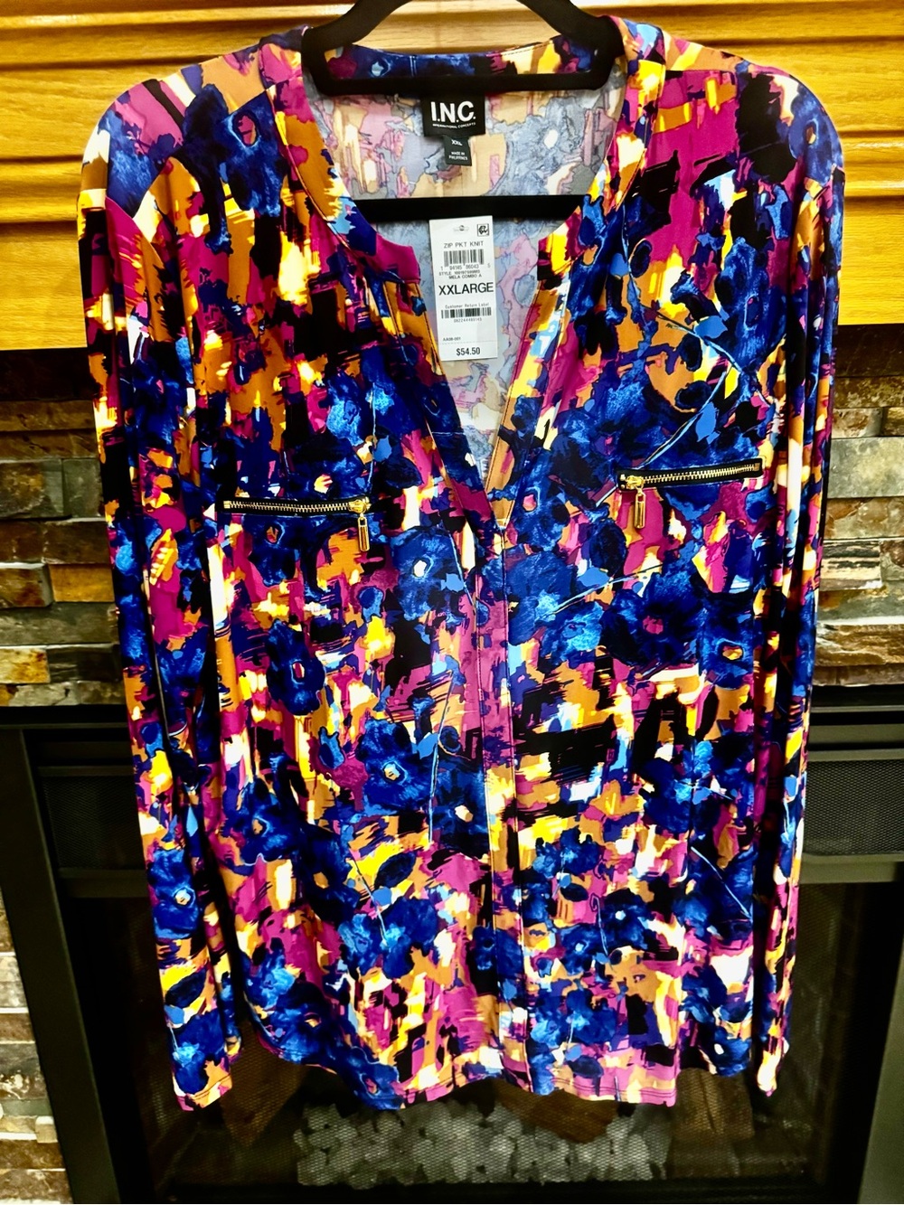 INC International Concepts Abstract Zip-Front Top in Blue, Pink & Yellow